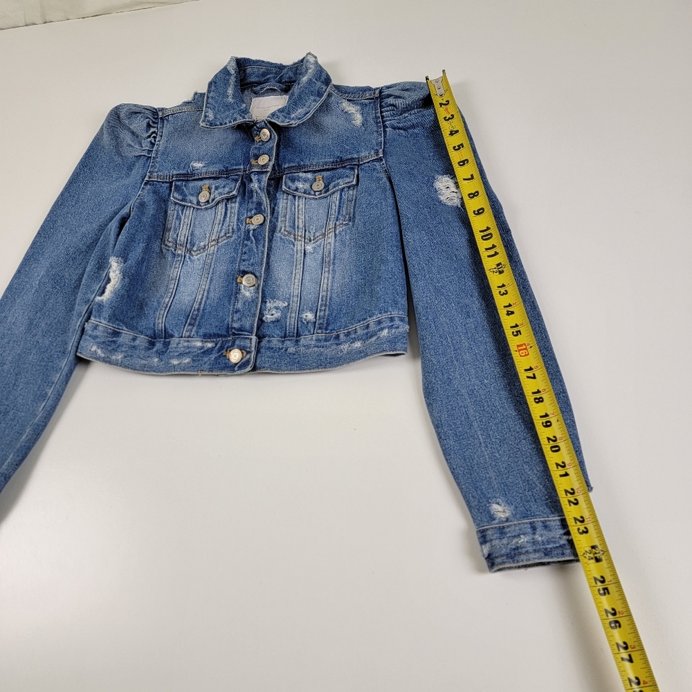 Zara Light Blue Distressed Puff-Shoulder Cropped Jean Jacket - Picture 3 of 12